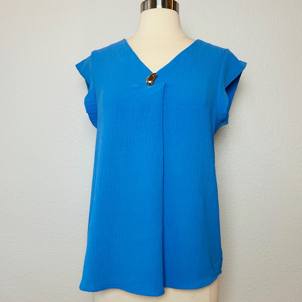 NWT AZ Fashion Blouse Womens S/M Blue Relaxed Fit Cap Sleeve Vacation Cruise Top